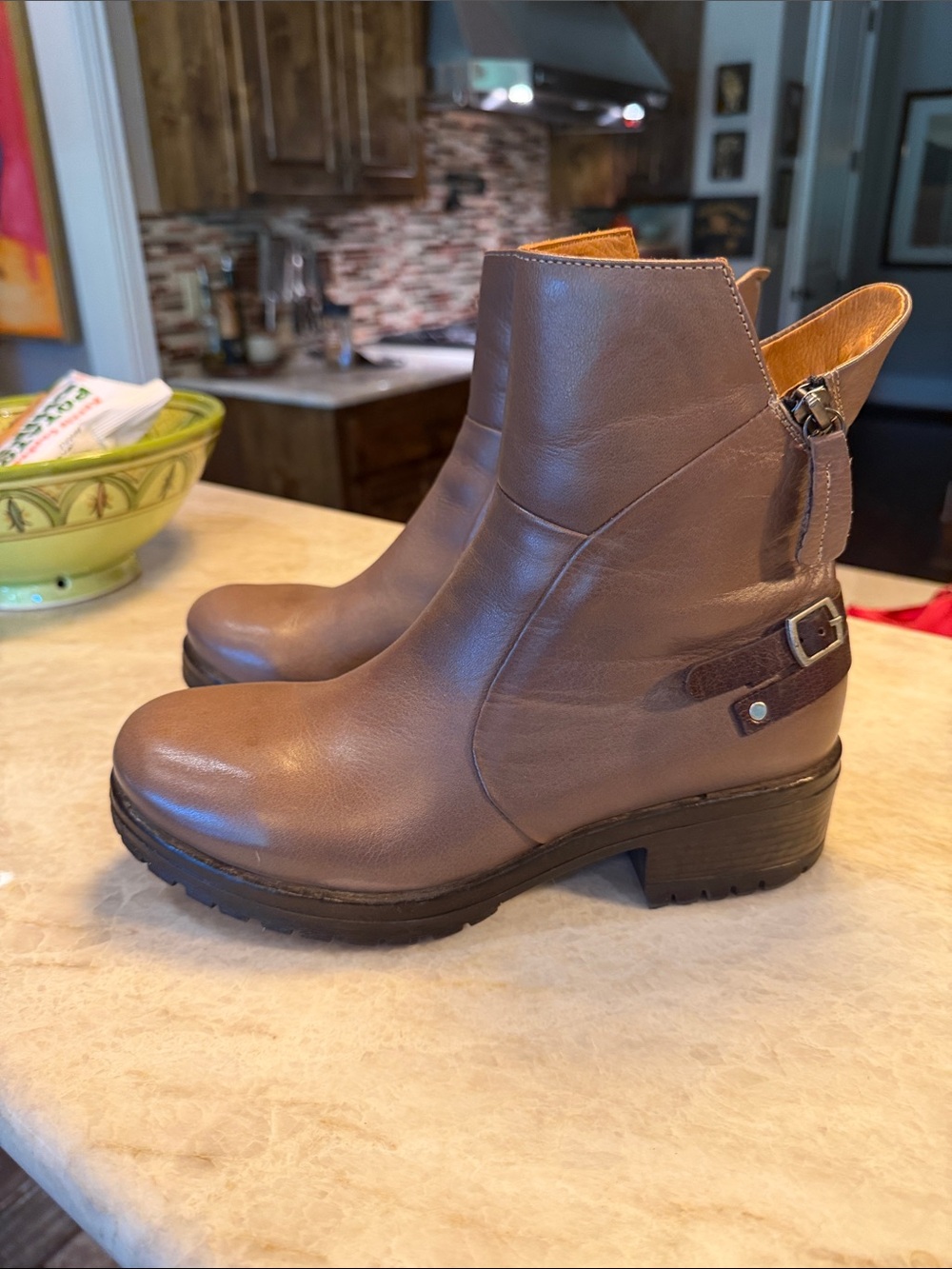 Bueno Taupe Leather Ankle Boots with Buckle Accent